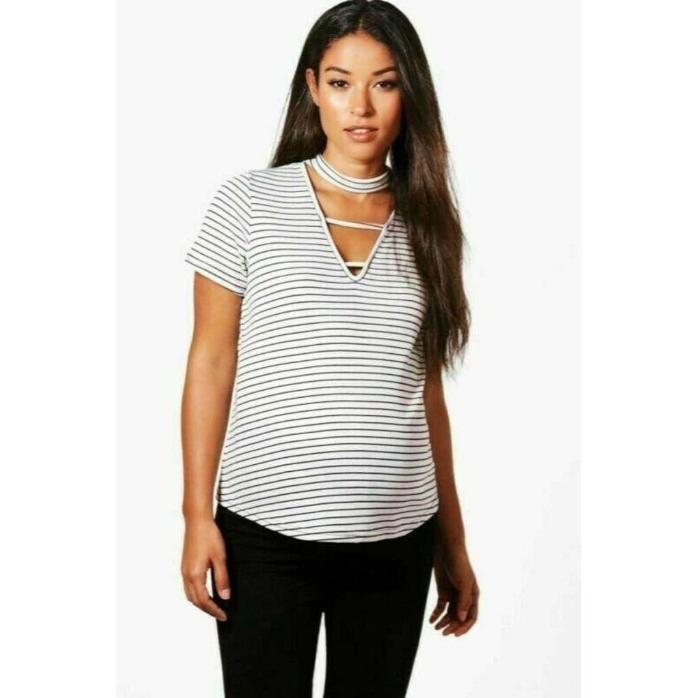 Maternity Ribbed Choker Top Summer Short Sleeve Stretch NEW Striped V-Neck US 6